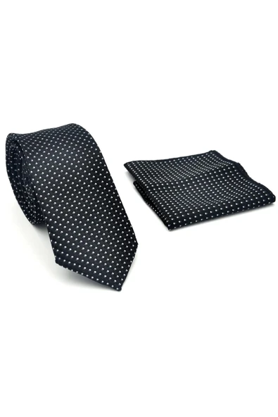Beyaz Küçük Kare Desenli Siyah Dokuma Kumaş Mendilli Slim Fit Kravat // SDK-2511-1 - Resim 2