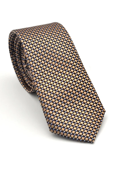 Beyaz Küçük Kare Desenli Bej Dokuma Kumaş Mendilli Slim Fit Kravat // SDK-2511-7 ürün görseli