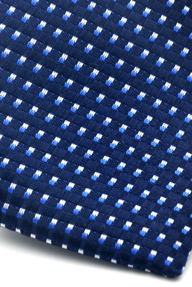 Beyaz Küçük Kare Desenli Lacivert Dokuma Kumaş Mendilli Slim Fit Kravat // SDK-2511-2 - Resim 3