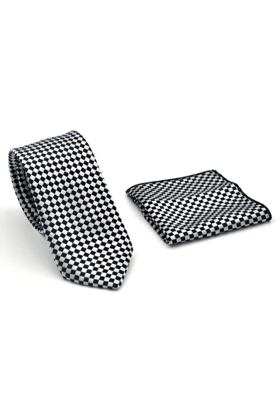 Siyah Piti Kare Desenli Beyaz Dokuma Kumaş Mendilli Slim Fit Kravat // SDK-2503-4 - Resim 2