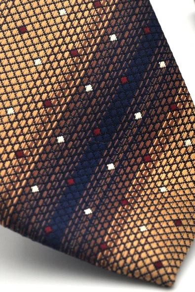 Kahverengi Verev Desenli Bej Dokuma Kumaş Mendilli Slim Fit Kravat // SDK-2505-5 - Resim 3