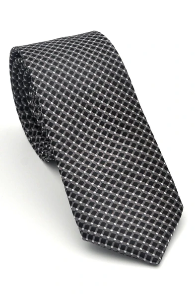 Beyaz Küçük Kare Desenli Füme Dokuma Kumaş Mendilli Slim Fit Kravat // SDK-2511-6 ürün görseli