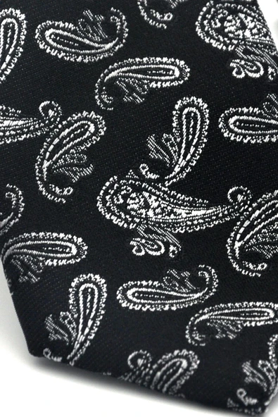 Gri Şal Desenli Siyah Dokuma Kumaş Mendilli Slim Fit Kravat // SDK-2507-1 - Resim 3