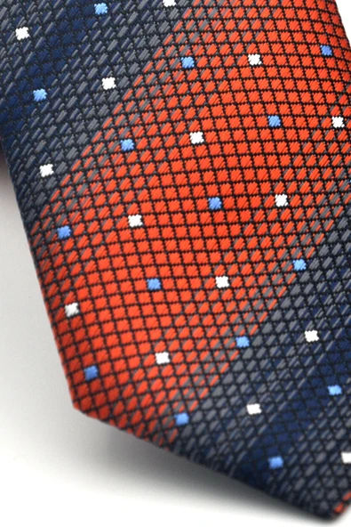 Lacivert Verev Desenli Koyu Turuncu Dokuma Kumaş Mendilli Slim Fit Kravat // SDK-2505-6 - Resim 3