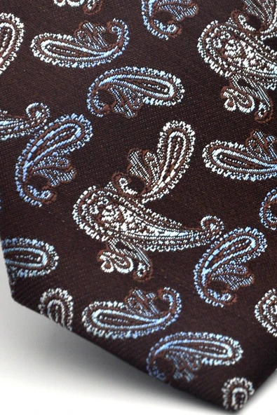 Mavi Şal Desenli Kahverengi Dokuma Kumaş Mendilli Slim Fit Kravat // SDK-2507-5 - Resim 3