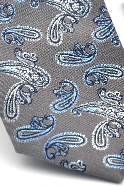 Mavi Şal Desenli Gri Dokuma Kumaş Mendilli Slim Fit Kravat // SDK-2507-4 - Resim 3
