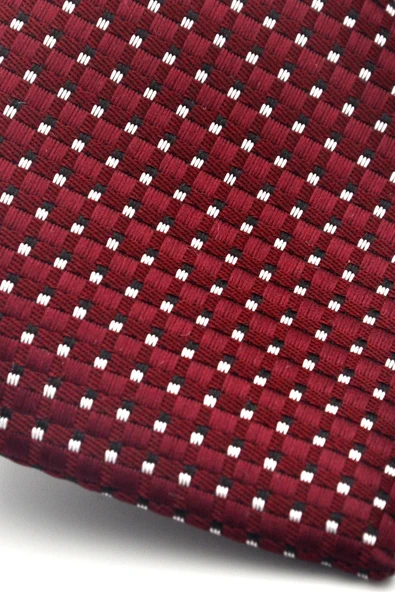 Beyaz Küçük Kare Desenli Bordo Dokuma Kumaş Mendilli Slim Fit Kravat // SDK-2511-3 - Resim 3