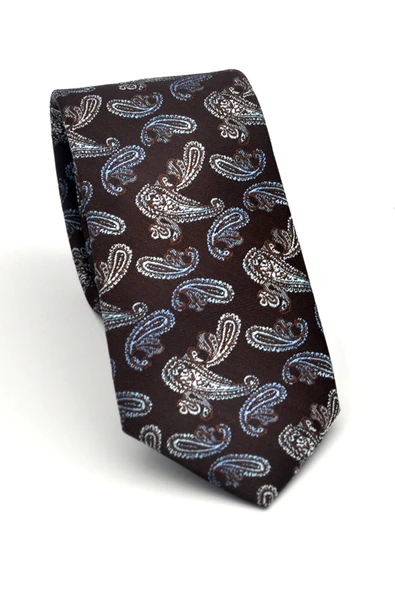 Mavi Şal Desenli Kahverengi Dokuma Kumaş Mendilli Slim Fit Kravat // SDK-2507-5 ürün görseli