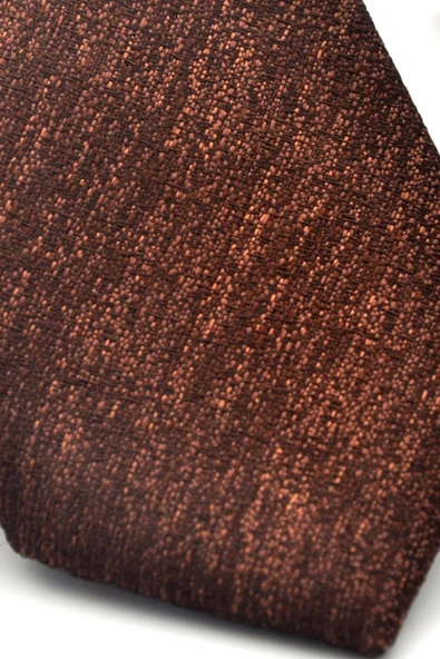 Bej Kırcıllı Desenli Koyu Kahverengi Dokuma Kumaş Mendilli Slim Fit Kravat // SDK-2501-6 - Resim 3