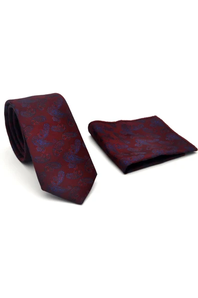 Lacivert Şal Desenli Bordo Dokuma Kumaş Mendilli Slim Fit Kravat // SDK-2507-3 - Resim 2