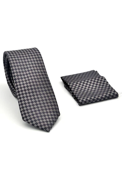 Kahverengi Piti Kare Desenli Vizon Dokuma Kumaş Mendilli Slim Fit Kravat // SDK-2503-3 - Resim 2