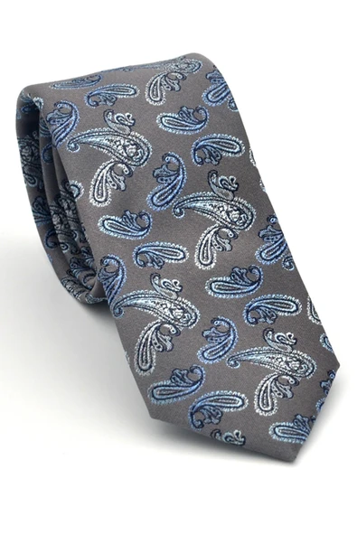 Mavi Şal Desenli Gri Dokuma Kumaş Mendilli Slim Fit Kravat // SDK-2507-4 ürün görseli