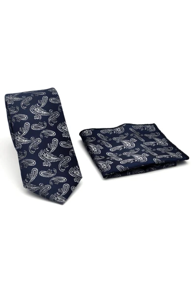 Gri Şal Desenli Lacivert Dokuma Kumaş Mendilli Slim Fit Kravat // SDK-2507-2 - Resim 2