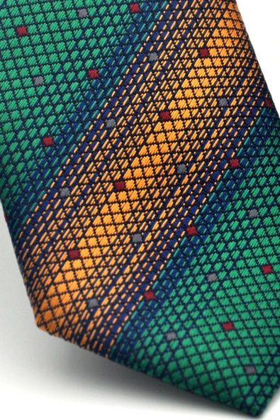 Bej Verev Desenli Zümrüt Yeşil Dokuma Kumaş Mendilli Slim Fit Kravat // SDK-2505-7 - Resim 3