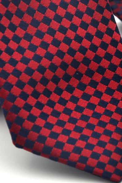 Lacivert Piti Kare Desenli Bordo Dokuma Kumaş Mendilli Slim Fit Kravat // SDK-2503-6 - Resim 3