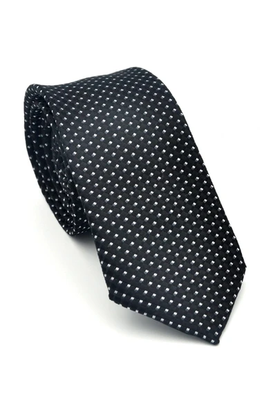 Beyaz Küçük Kare Desenli Siyah Dokuma Kumaş Mendilli Slim Fit Kravat // SDK-2511-1 ürün görseli