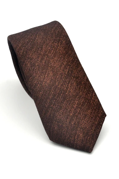 Bej Kırcıllı Desenli Koyu Kahverengi Dokuma Kumaş Mendilli Slim Fit Kravat // SDK-2501-6 ürün görseli