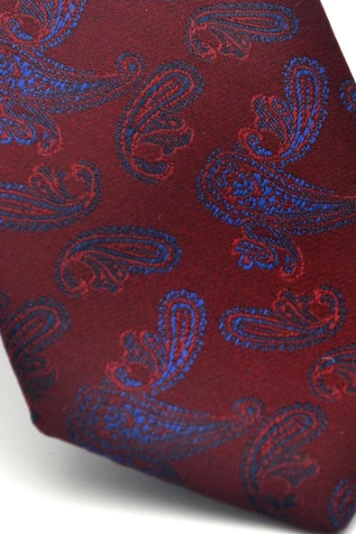 Lacivert Şal Desenli Bordo Dokuma Kumaş Mendilli Slim Fit Kravat // SDK-2507-3 - Resim 3