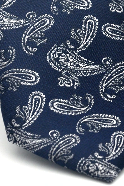 Gri Şal Desenli Lacivert Dokuma Kumaş Mendilli Slim Fit Kravat // SDK-2507-2 - Resim 3