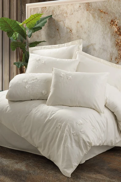3d Nakışlı Çift Kişilik Saten Nevresim Takımı Pure Ekru