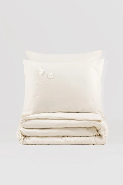 3d Nakışlı Çift Kişilik Saten Nevresim Takımı Pure Ekru - 3