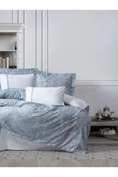 Çift Kişilik Elit Saten Nevresim Takımı Stilla Mavi ürün görseli