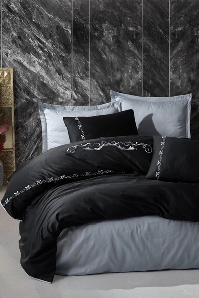 Cottonbox Brode Saten Gloria Çift Kişilik Nevresim Takımı Gri ürün görseli