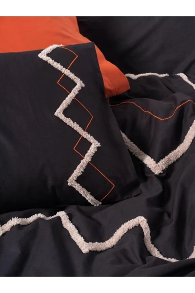 Puf Nakışlı Ranforce Çift Kişilik Nevresim Takımı Mirely Siyah Kiremit - Resim 3