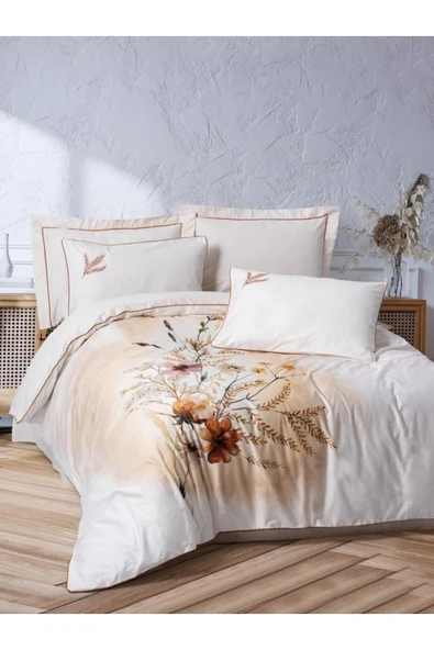 Çift Kişilik Elit Saten Nevresim Takımı Bouquet Ekru