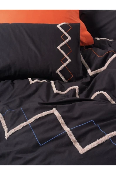 Puf Nakışlı Ranforce Çift Kişilik Nevresim Takımı Mirely Siyah Kiremit - 2