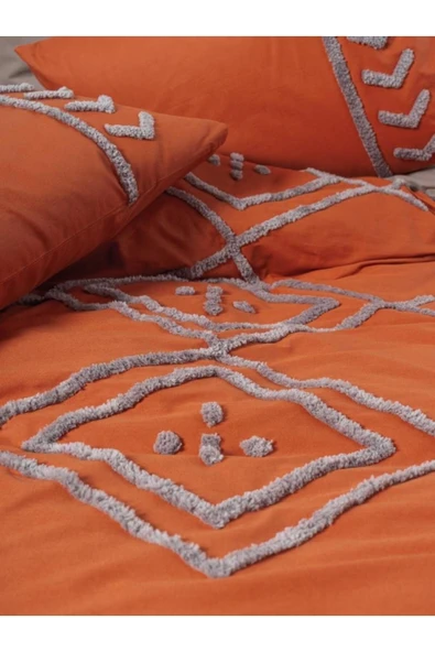 Puf Nakışlı Ranforce Çift Kişilik Nevresim Takımı Lia Kiremit Bej - Resim 2