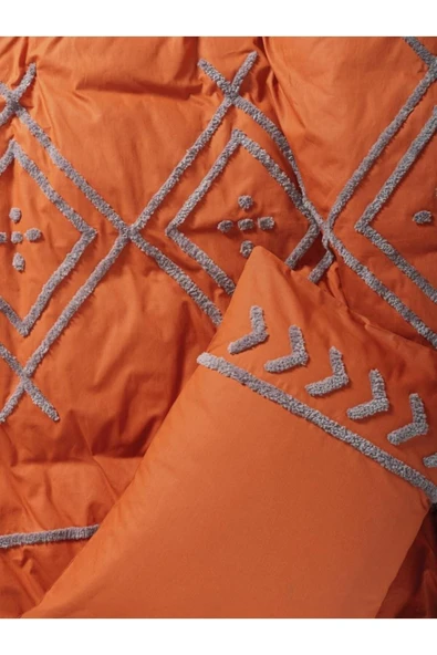 Puf Nakışlı Ranforce Çift Kişilik Nevresim Takımı Lia Kiremit Bej - Resim 3