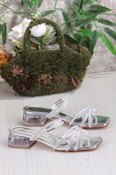 Fort Ares 1695 Gümüş Taşlı Günlük Giyim Abiye Şeffaf Topuk Kadın Terlik - Resim 5