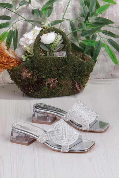 Fort Ares 1698 Sedef Taşlı Günlük Giyim Abiye Şeffaf Topuk Kadın Terlik - Resim 5