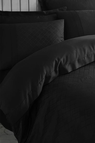 Siyah Jakarlı Saten Çift Kişilik Nevresim Takımı Dama - Resim 2