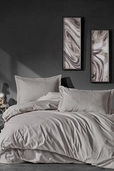 Elegant Stripe Saten Çift Kişilik Nevresim Takımı Bej ürün görseli