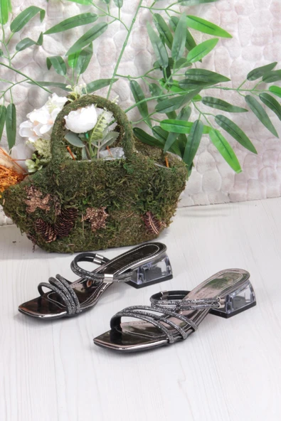 Fort Ares 1696 Platin Taşlı Günlük Giyim Abiye Şeffaf Topuk Kadın Terlik - Resim 6