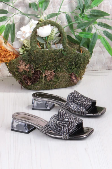 Fort Ares 1698 Siyah Taşlı Günlük Giyim Abiye Şeffaf Topuk Kadın Terlik - 5