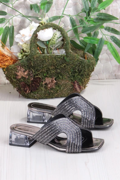 Fort Ares 1694 Platin Taşlı Günlük Giyim Abiye Şeffaf Topuk Kadın Terlik - Resim 5