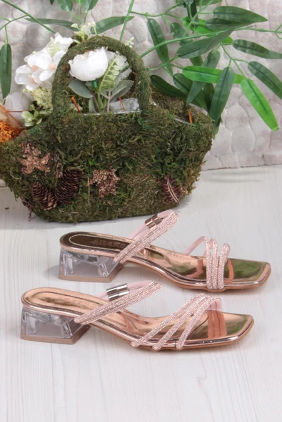 Fort Ares 1696 Altın Taşlı Günlük Giyim Abiye Şeffaf Topuk Kadın Terlik - Resim 5