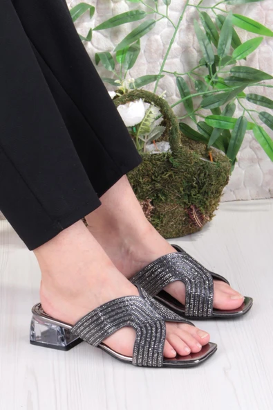 Fort Ares 1694 Platin Taşlı Günlük Giyim Abiye Şeffaf Topuk Kadın Terlik ürün görseli