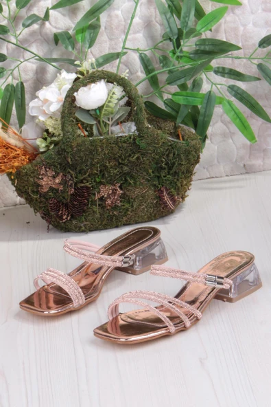 Fort Ares 1696 Altın Taşlı Günlük Giyim Abiye Şeffaf Topuk Kadın Terlik - Resim 6