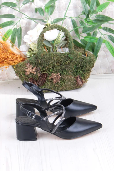 Fort 110-411 Çapraz Taşlı Arkası Açık Klasik Topuklu Kadın Ayakkabı - Resim 2