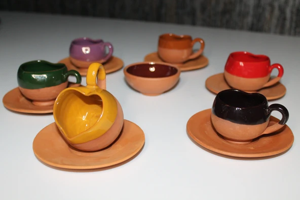 Çömlek Fincan Takımı Kalpli Model 6lı Set Çerezlik HEDİYELİ - 1