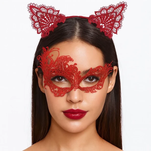 Gizemli Kırmızı Dantel Maske Ve Taç Seti 1 No - Kostüm Seti - 1