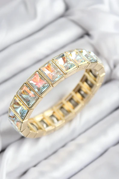 Pirinç Zirkon taşlı Dikdörtgen Gold Renk Lastikli Kadın Bileklik ürün görseli 1