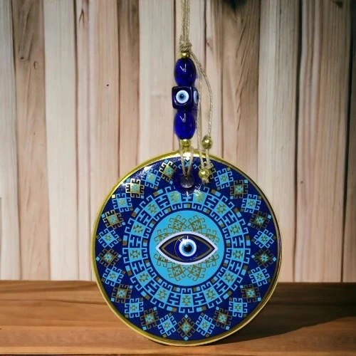 Yaldızlı Turkuaz Renkli Göz Modelli Nazar Boncuklu Duvar Süsü Cam Duvar Dekoru - 2