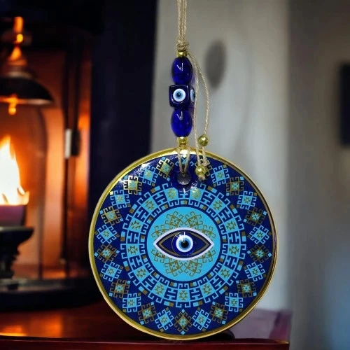 Yaldızlı Turkuaz Renkli Göz Modelli Nazar Boncuklu Duvar Süsü Cam Duvar Dekoru - 4