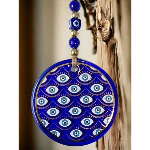 Yaldızlı Gözlerle Motiflendirilmiş Nazar Boncuklu Duvar Süsü Cam Duvar Dekoru - 3