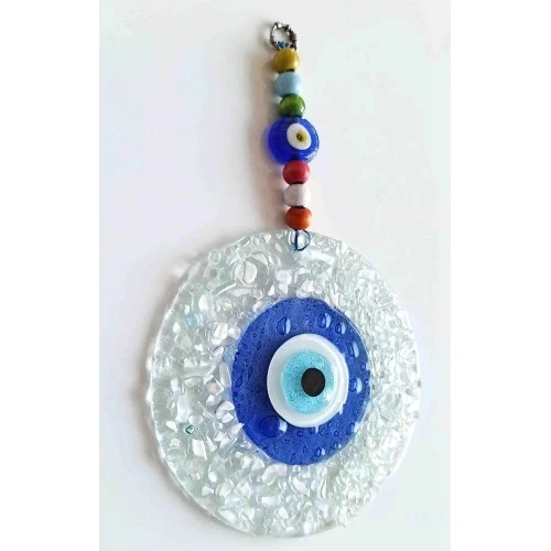 Mavi Nazar Boncuklu Beyaz Kesme Cam Desenli Duvar Süsü Nazarlık - 2